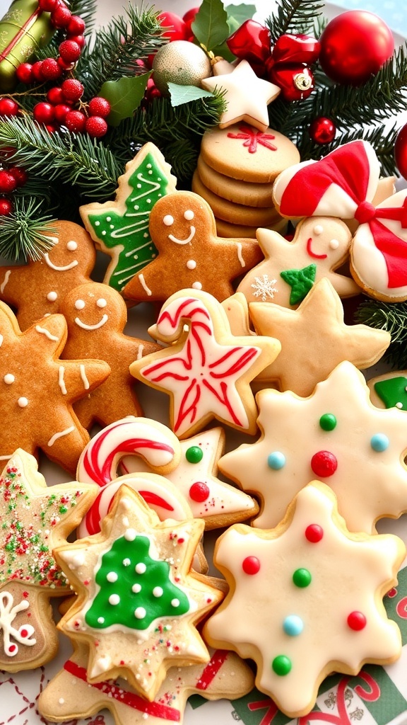 Christmas Cookie Exchange Ideas An assortment of colorful Christmas cookies on a festive platter.